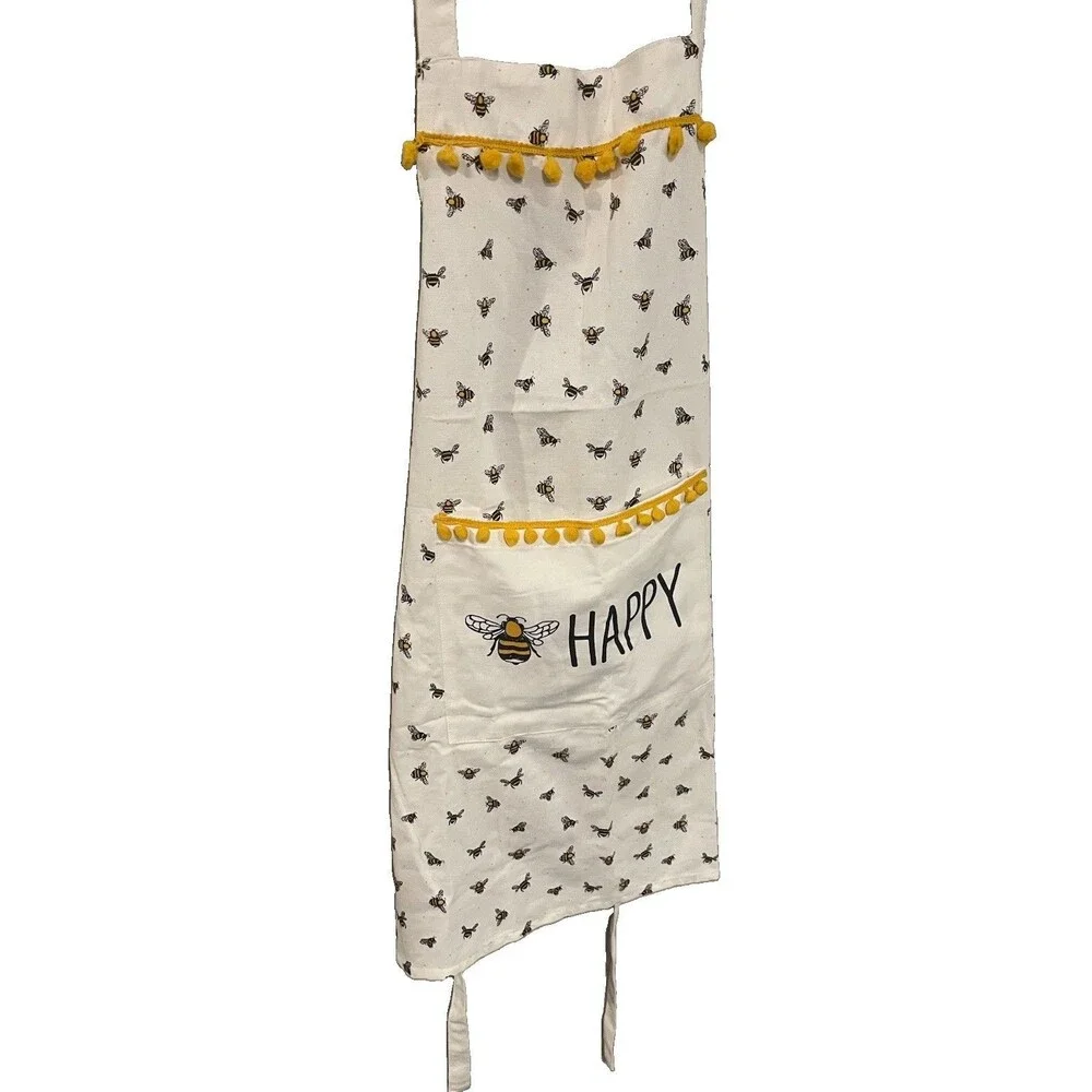 Full Kitchen Apron w/ Bumble Bee Theme Front Pocket And Pom-Pom Rick-Rack Trim